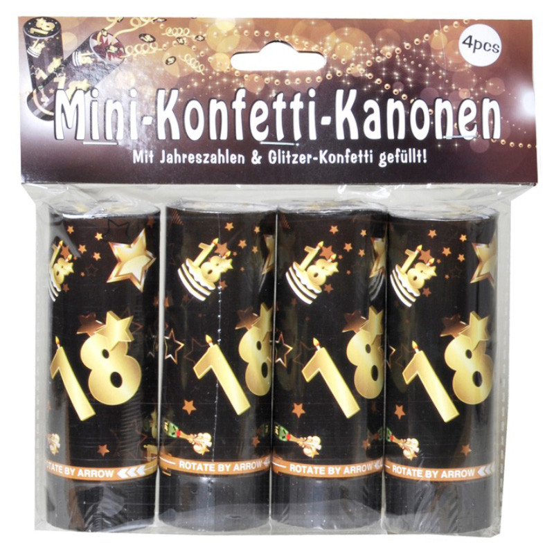Mini-Konfettikanonen aus Kunststoff und Papier mit Jahreszahlen- und Glitzer-Konfetti, 4-teiliges Set